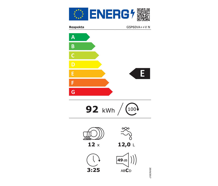 Ein Energieetikett der Klasse E mit einem jährlichen Verbrauch von 92 kWh.