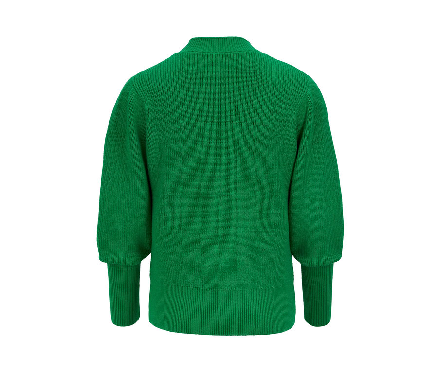 Rückansicht eines Grobstrickpullovers.