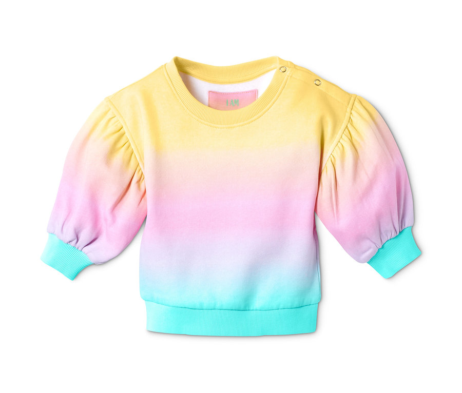 Gelb-rosa-türkises Sweatshirt.