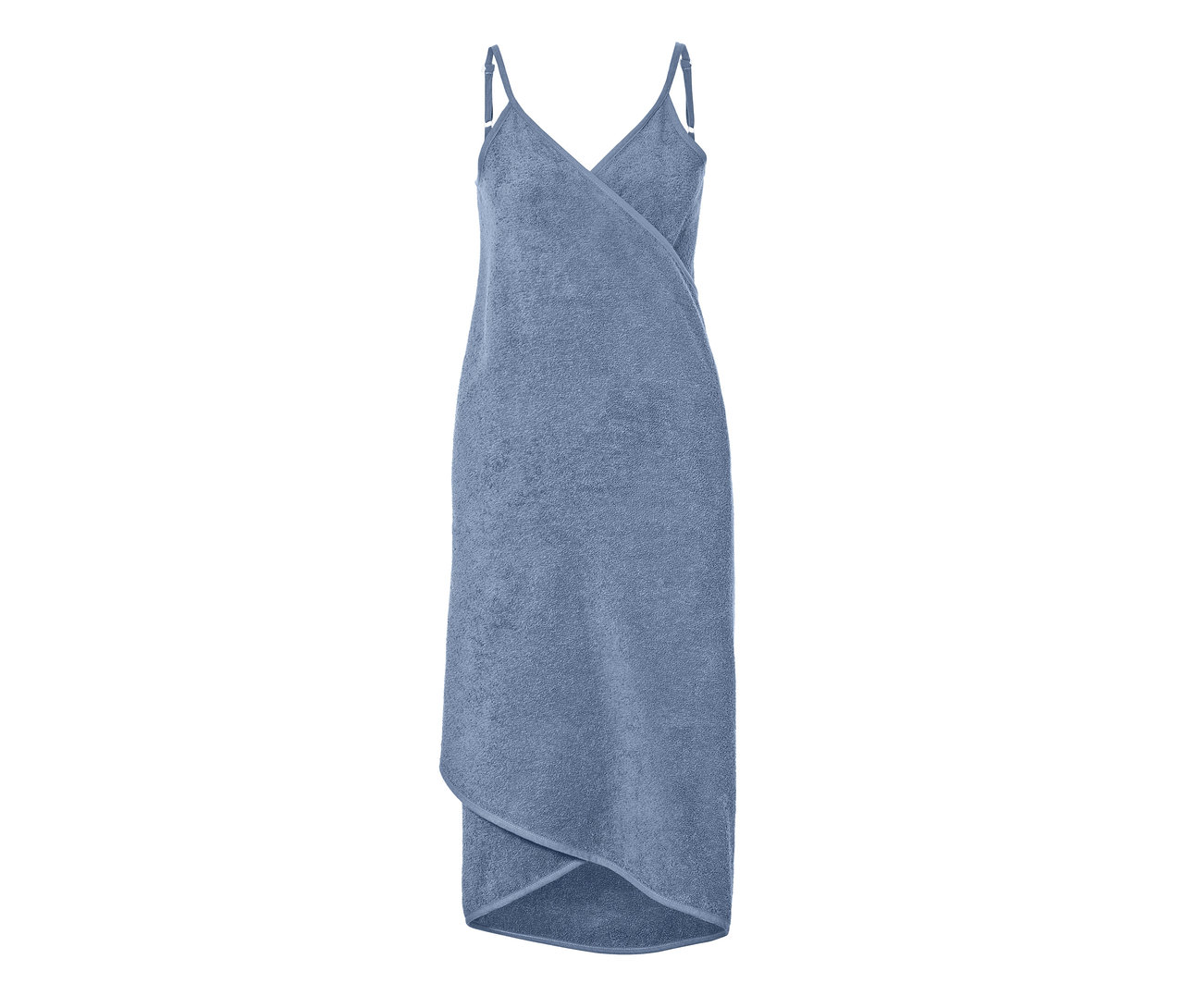 Blaues Handtuch-Kleid mit dünnen Trägern.