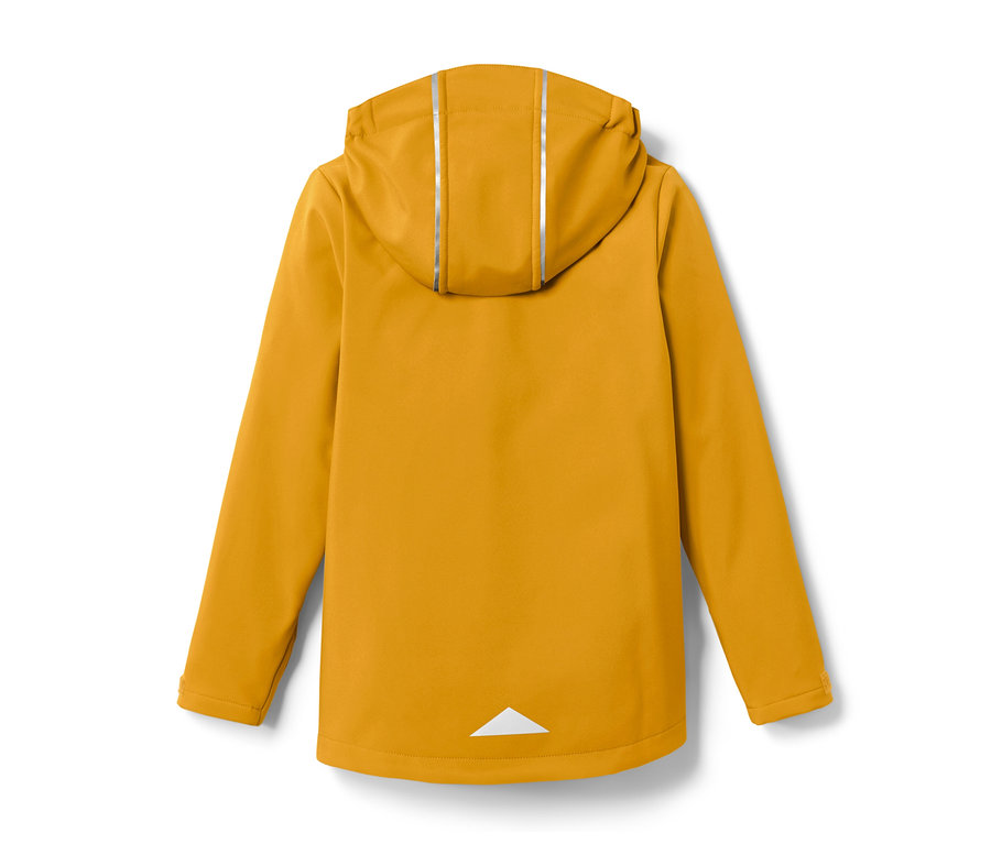 Rückansicht einer Softshell-Jacke mit Kapuze.