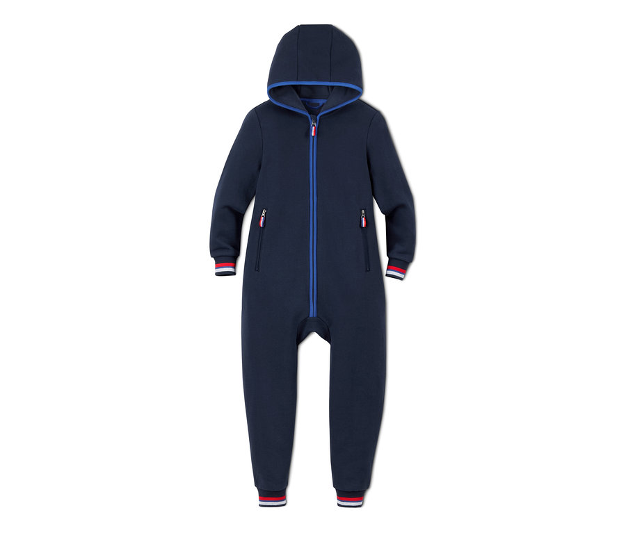Marineblauer Loungeoverall mit Kapuze und Reißverschluss.
