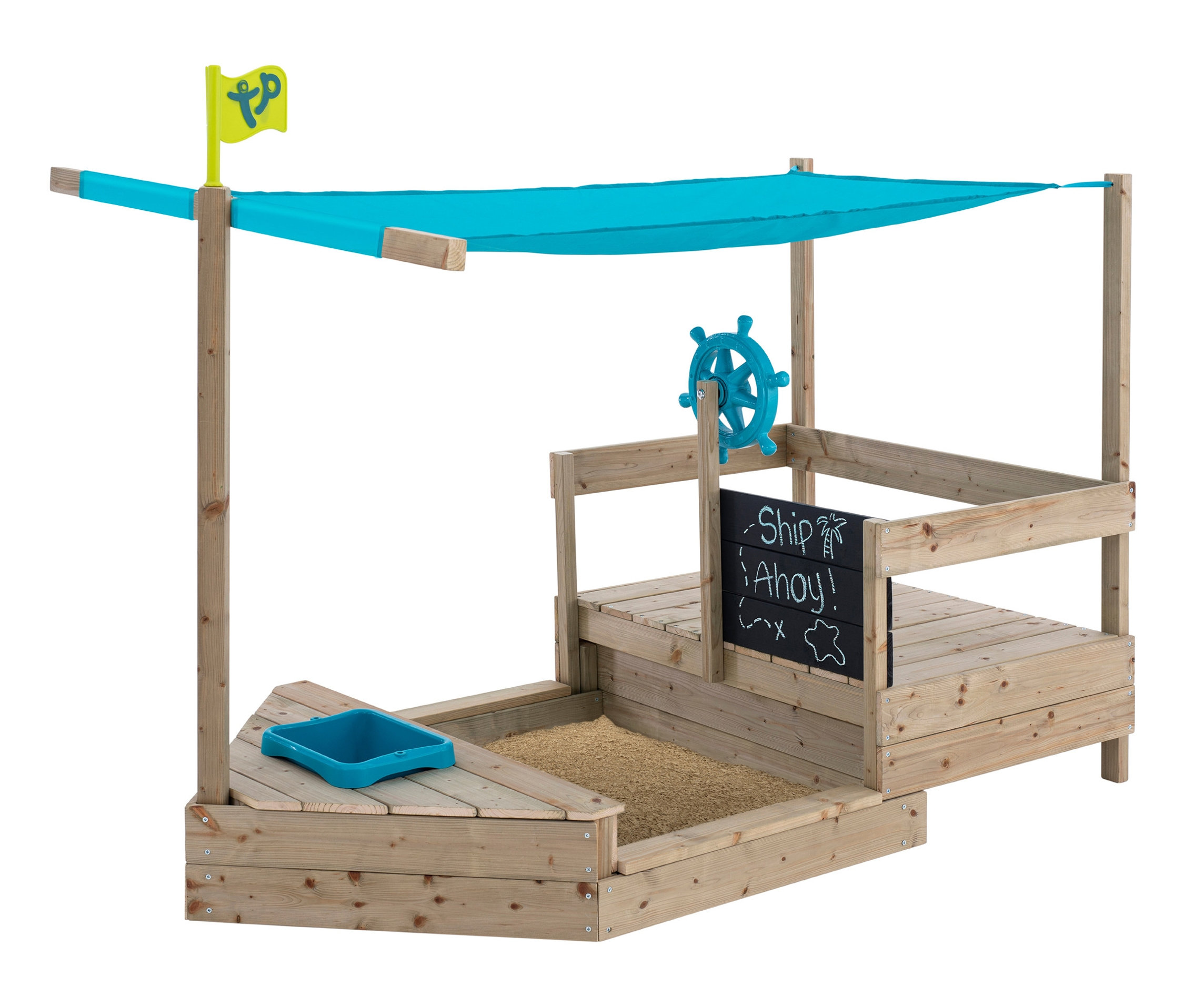 TP-Toys-Sandkasten-Piratenschiff "Ahoy" in Schiffsform mit blauem Segel und Steuerrad.