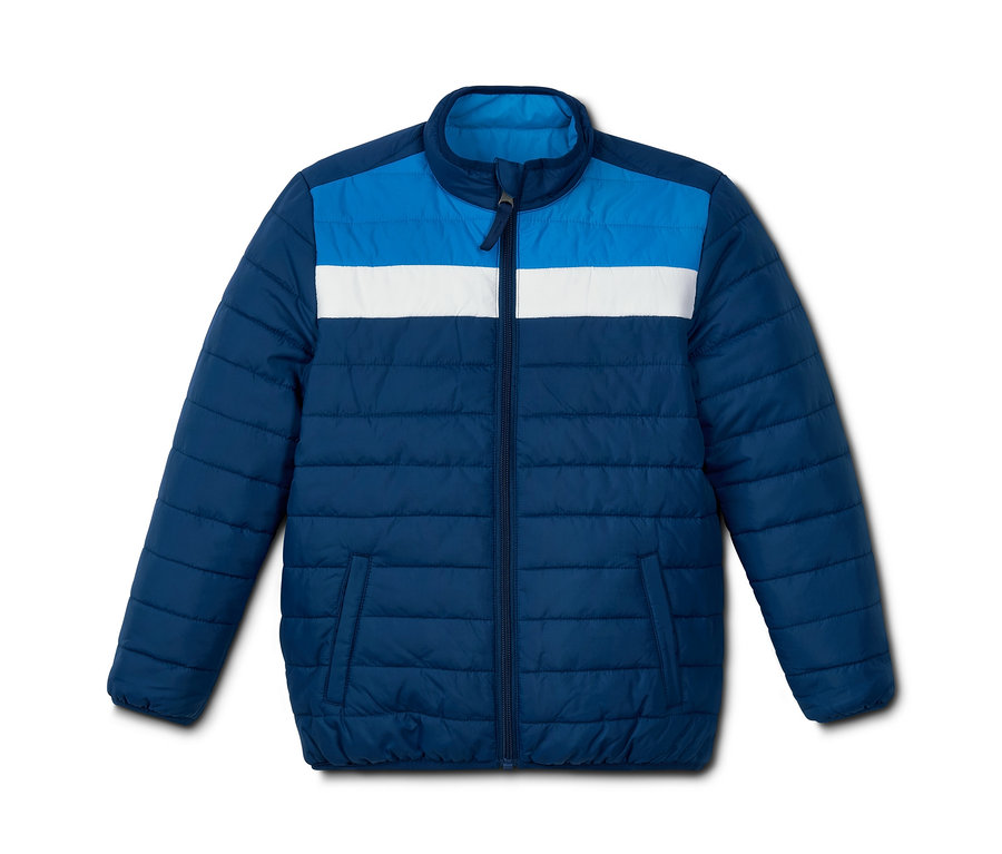 Blaue Wende-Steppjacke mit weißem Streifen.