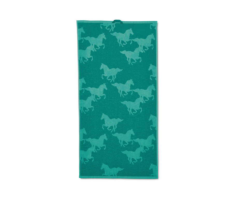 Grünes Handtuch-Set mit Pferdemotiv.