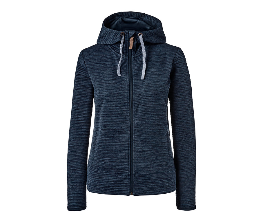 Dunkelblaue melierte Kapuzenjacke.