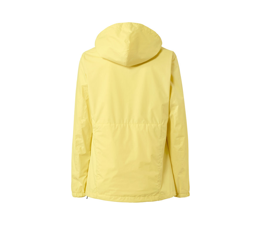 Rückansicht einer gelben Lightweight-Regenjacke »pack me« mit Kapuze.