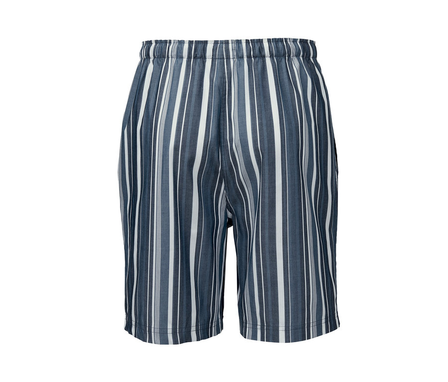 Web-Schlafshorts mit blau-weißem Streifenmuster.