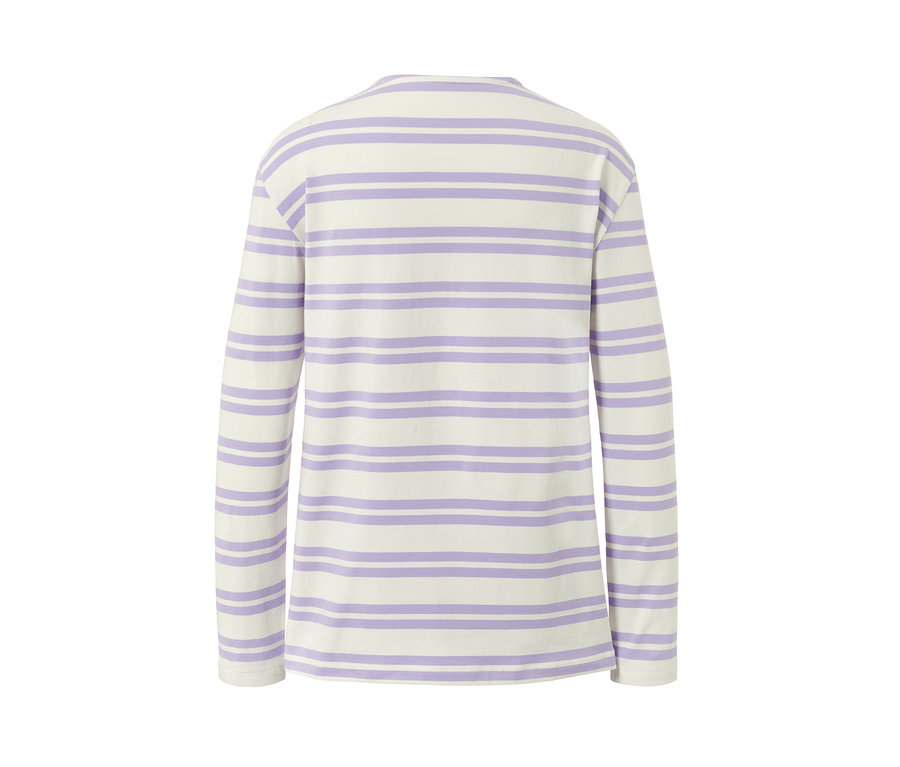Rückansicht eines lila-cremefarben gestreiften Langarmshirts.