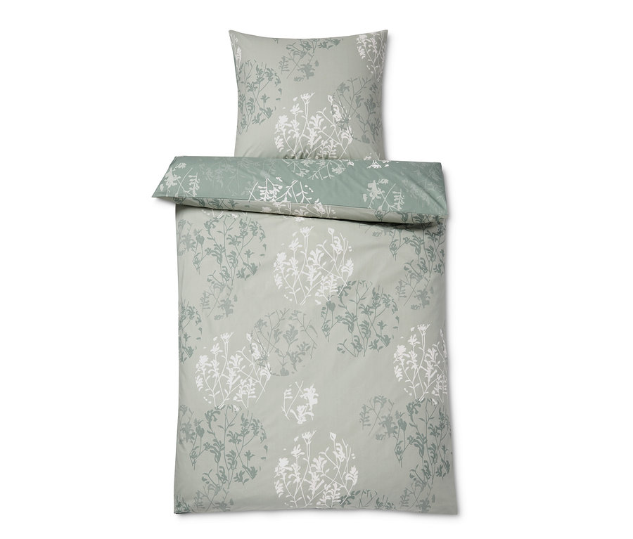 Grüne Renforcé-Bettwäsche mit Blumenmuster in Normalgröße.