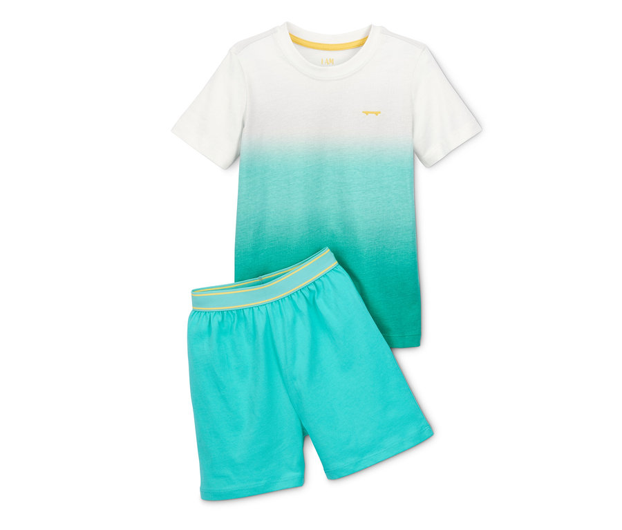 Ein Shorty-Pyjama aus Bio-Baumwolle, bestehend aus einem T-Shirt mit Skate-Motiv und Shorts.