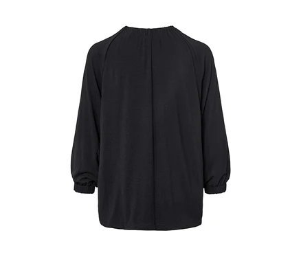 Detailaufnahme eines schwarzen Shirts mit Raffung und langen Ärmeln für Damen.