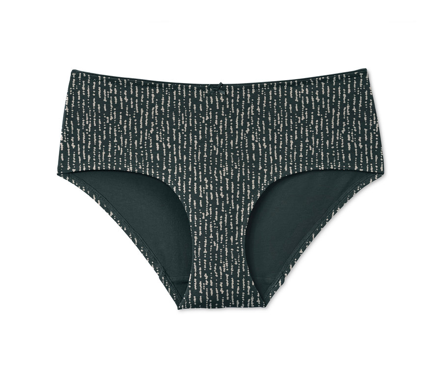 Nahaufnahme eines einzelnen Slips aus einem 5er-Pack Pantys mit einem vertikalen Linienmuster auf dunkelgrünem Grund.