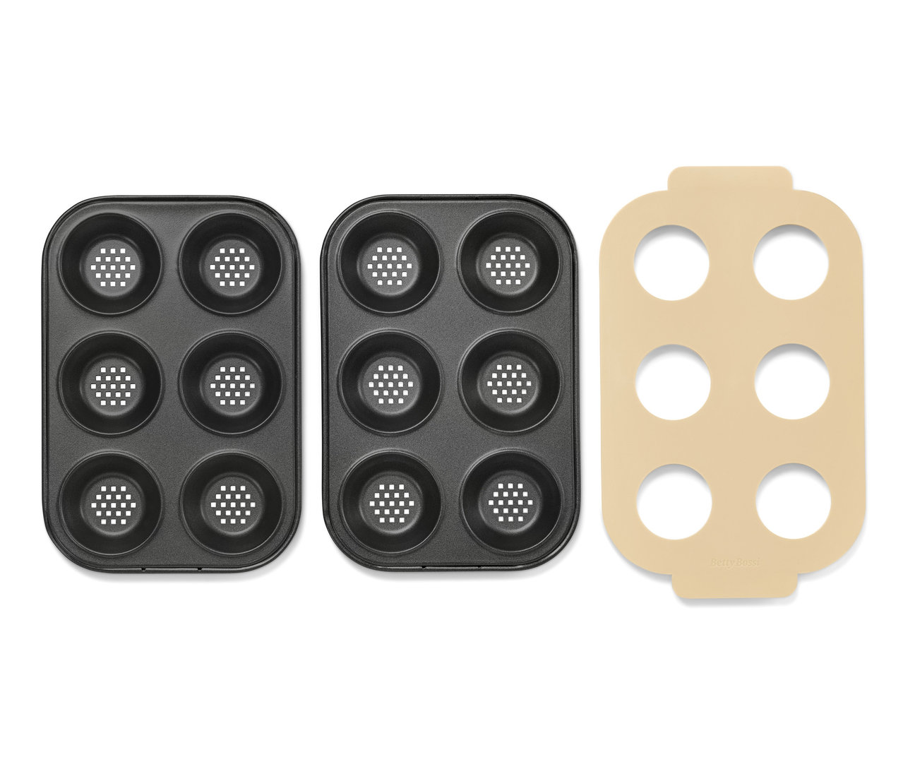 Zwei schwarze Backformen mit je sechs runden Mulden und eine beige Silikonform mit sechs runden Aussparungen, Mini-Burger-Backset.