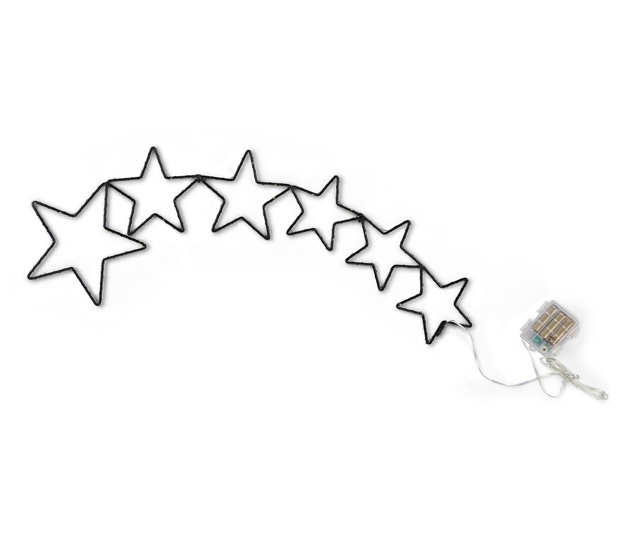 Eine Reihe von LED-Outdoor-Sternensilhouetten und eine LED-Sternschnuppe auf einem weißen Hintergrund.