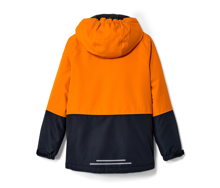 Rückseite einer orange-dunkelblauen Ski- und Snowboardjacke.