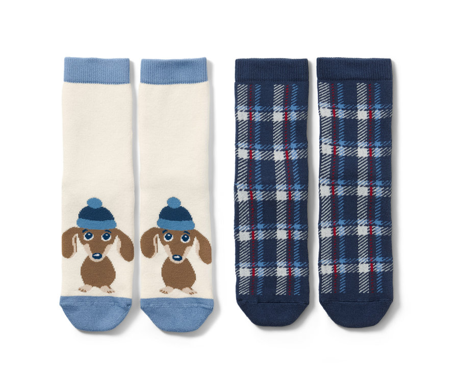Zwei Paar Kleinkinder-Antirutsch-Socken mit Dackel-Jacquard.