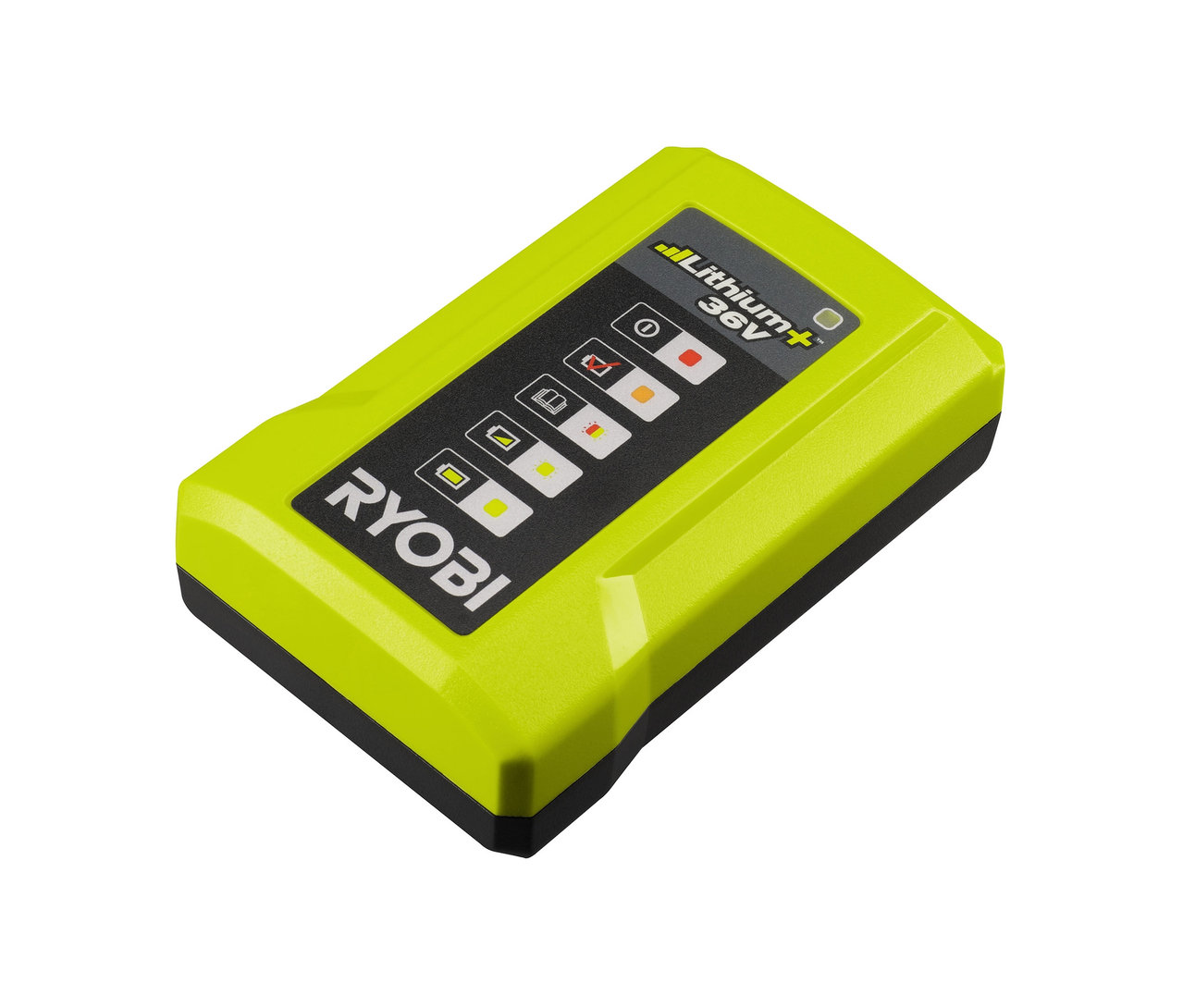 Detailansicht eines grünen Ryobi Lithium+ 36V Akkus.
