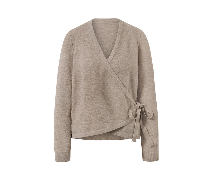 Beige Lounge-Jacke aus Strick mit Wickeloptik und Bindeband.