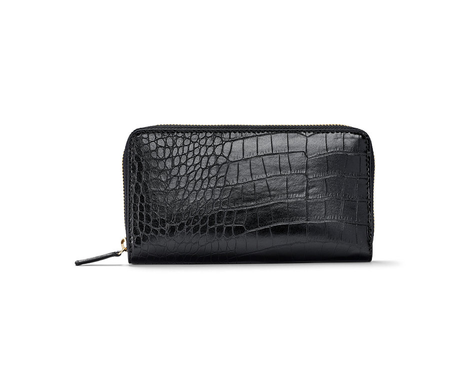 Eine schwarze Geldbörse mit Krokodillederstruktur und Reißverschluss.