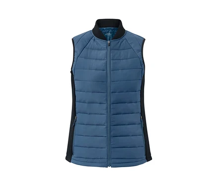 Eine blaue Thermo-Steppweste mit schwarzem Saum.