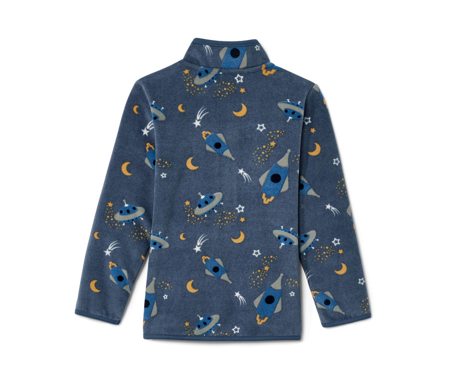 Blaue Kinder-Fleecejacke, Outerspace mit Weltraumdruck.