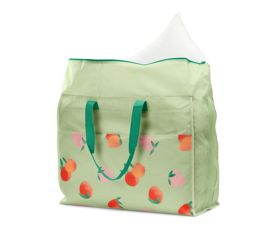 Jumbo-Bettwarentasche mit Pfirsichen und weißem Kissen.