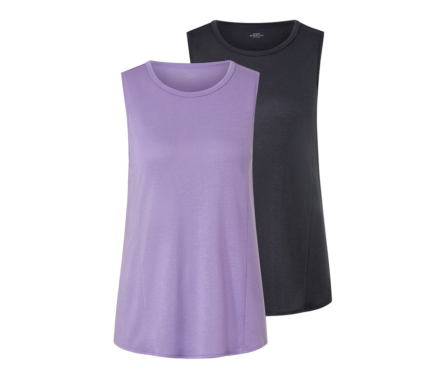 Zwei Sport-Tops, flieder und anthrazit, liegen nebeneinander.