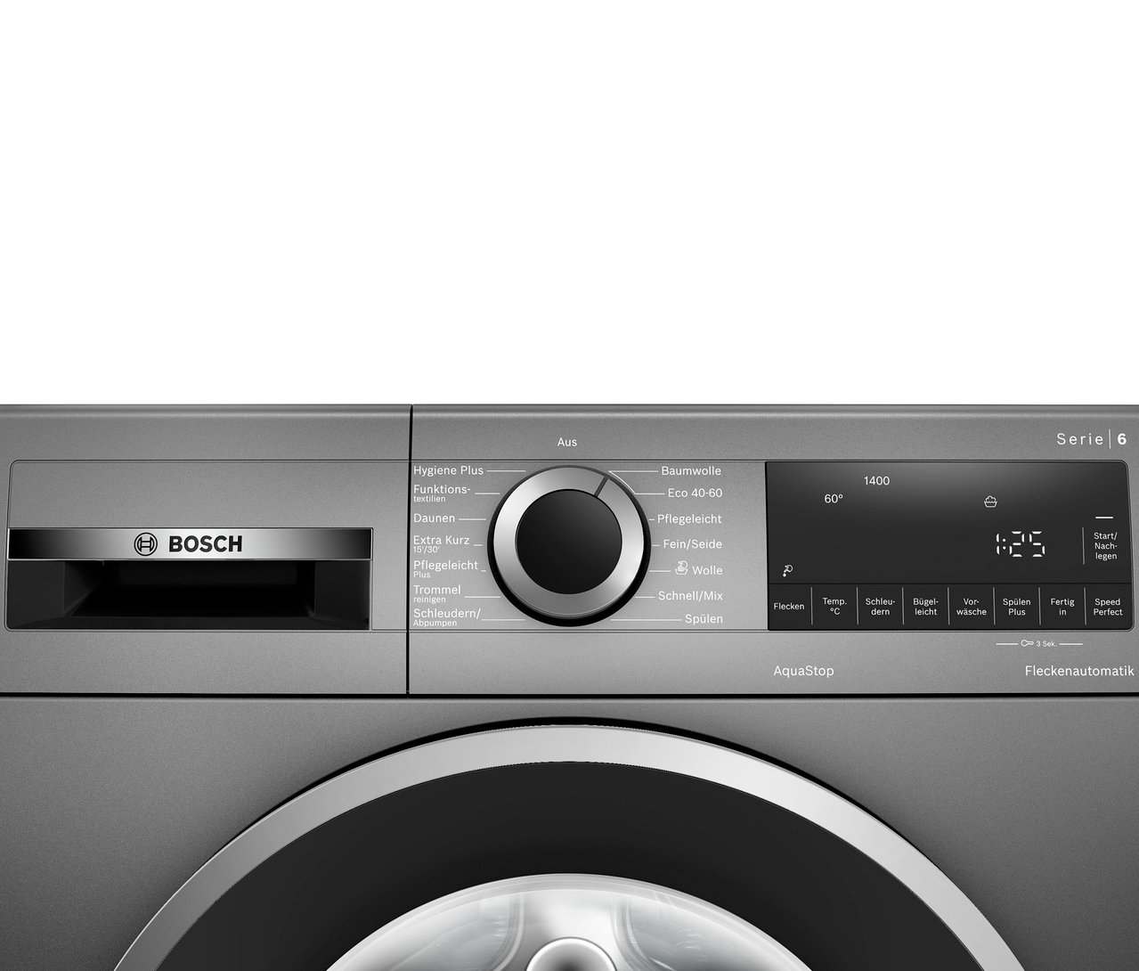 Detailansicht des Bedienfelds der Bosch Waschmaschine »WGG2440R10« mit Programmwähler und digitalem Display.