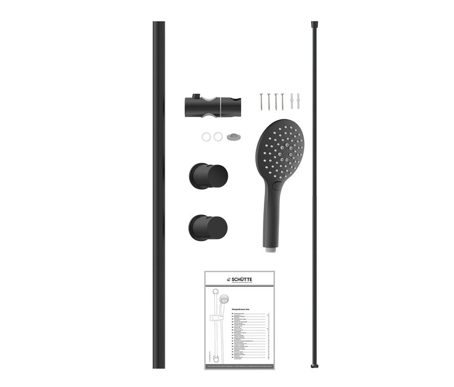 Schwarzes Stangenbrause-Set »Raven« mit Befestigungen und Anleitung.