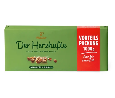 Eine Packung gemahlener Kaffee der Sorte 'Der Herzhafte' mit 4x250g.