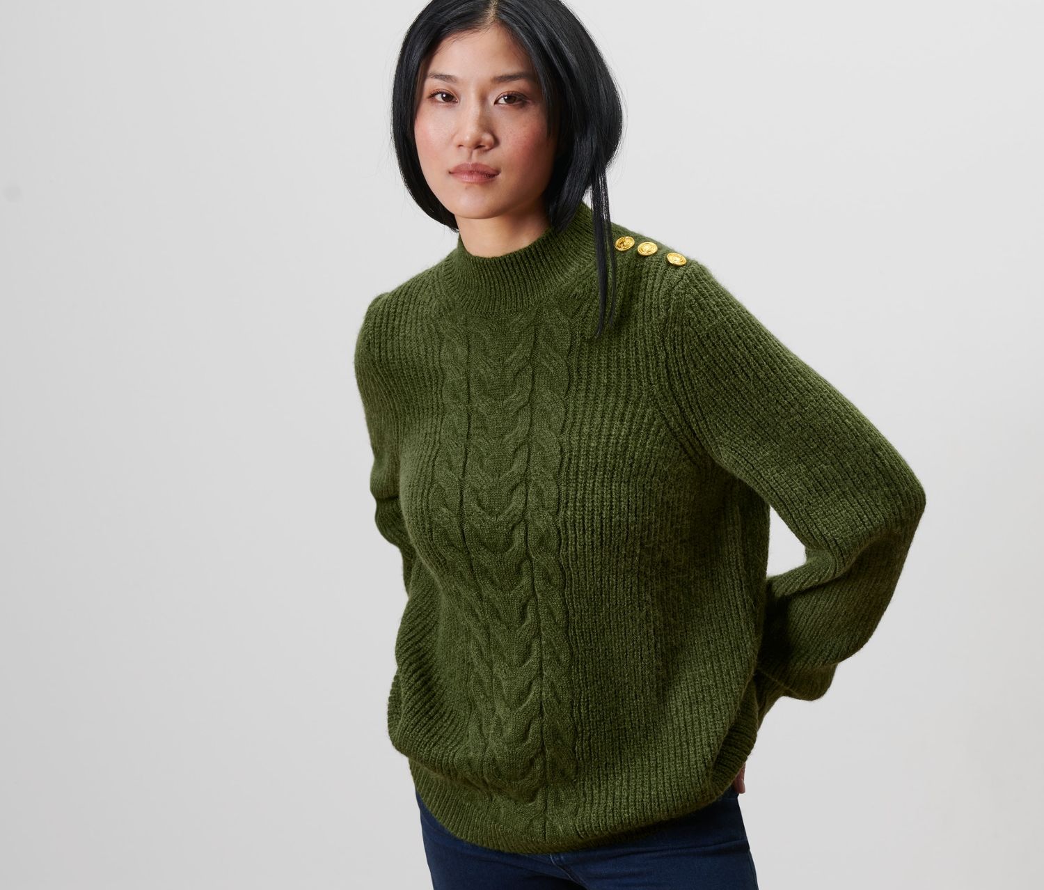 Thumbnail - Tchibo - Grobstrickpullover mit Knöpfen - Damen - Gr. XL - olivgrün