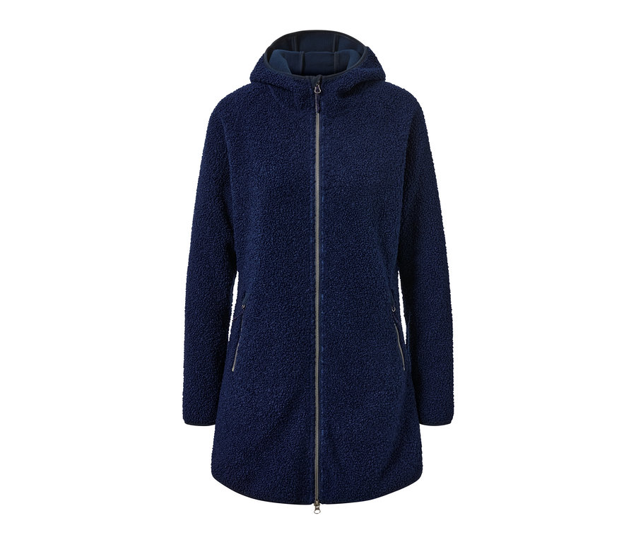 Marineblauer Kapuzen-Teddy-Mantel mit Reißverschluss vorne.