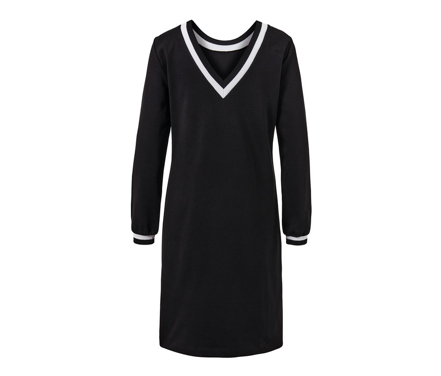 Schwarzes Interlock-Kleid mit langen Ärmeln und weißem V-Ausschnitt und Bündchen.
