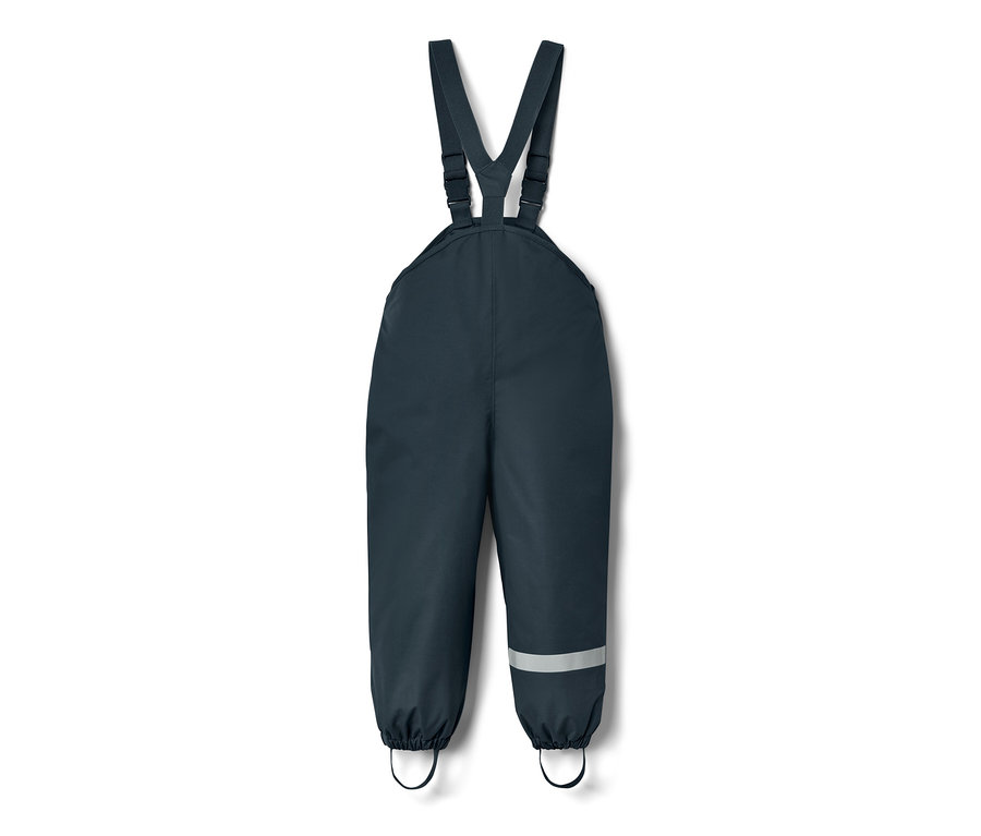 Dunkelblaue Kleinkind-Regenhose mit Latz und Reflexstreifen am Bein.