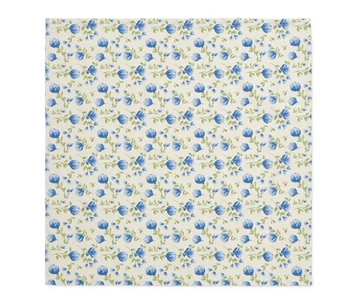 Abwischbare Tischdecke, ca. 90 x 90 cm, mit blauem Blumenmuster.