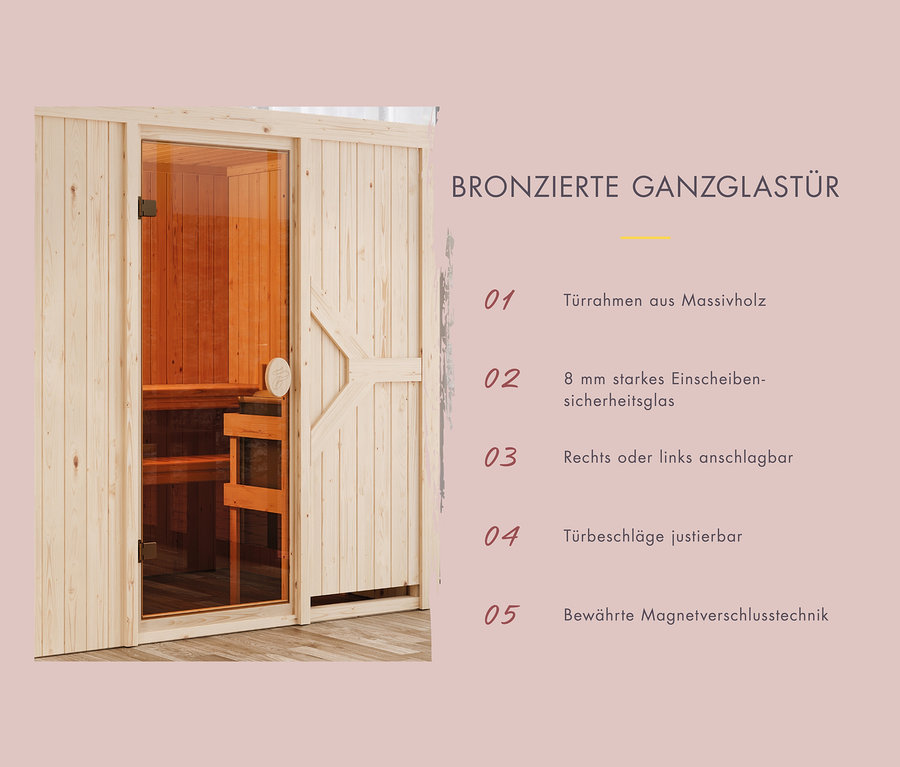 Detail der Karibu Fasssauna »Frieda 1« mit bronzierter Ganzglastür.
