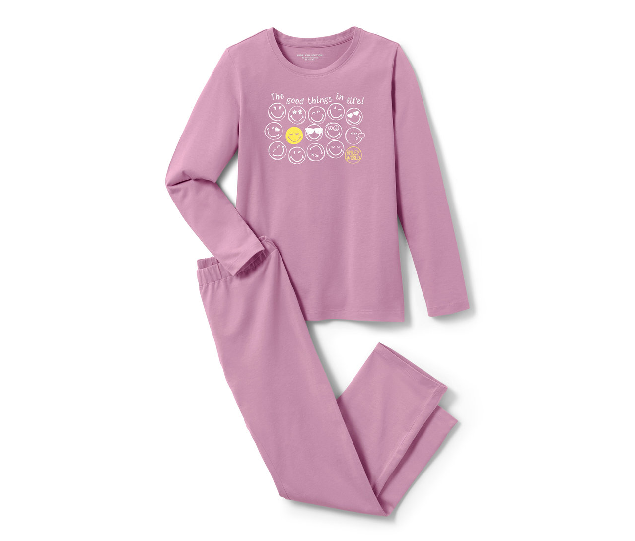 Lila Kinder-Pyjama »Smiley«, 2 Stück, mit langen Ärmeln und Hosen. Auf dem Oberteil befindet sich ein Aufdruck mit Emoticons.