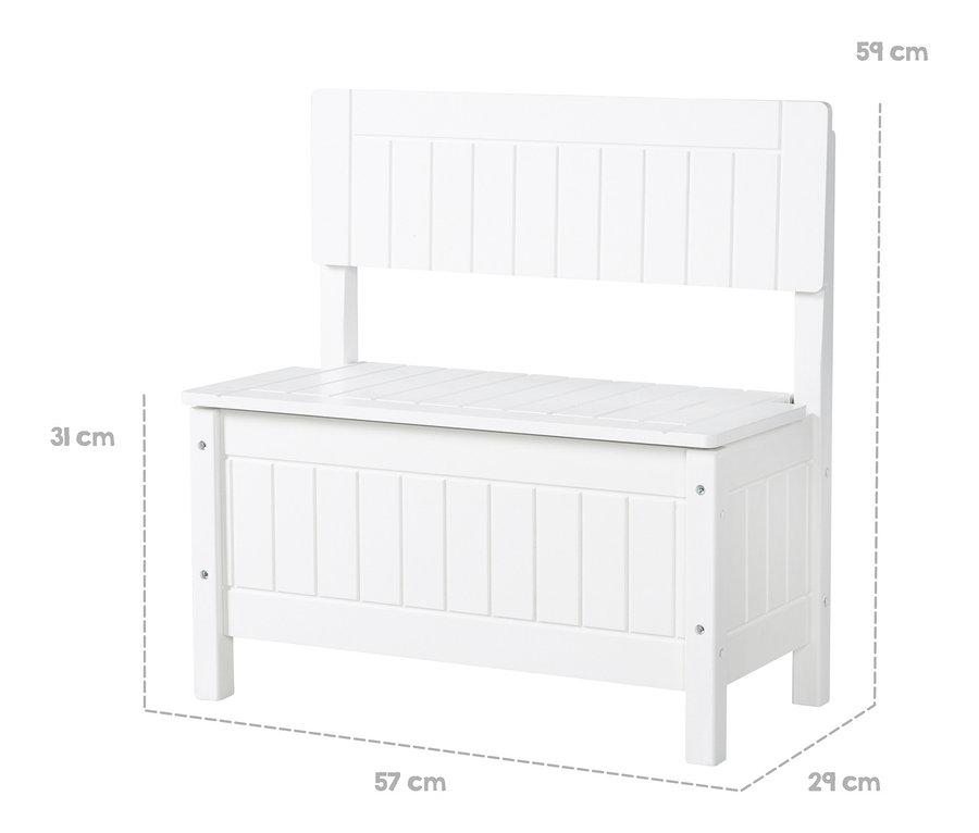 Weiße roba Kindertruhenbank mit Größenangaben.