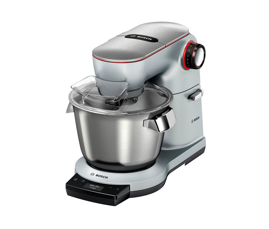 Silberne Bosch Küchenmaschine MUM9DT5S41 mit Edelstahlschüssel und transparentem Deckel.
