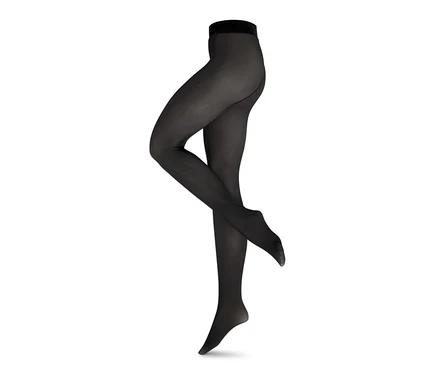Beine in einer gefütterten Feinstrumpfhose in transparenter Optik.