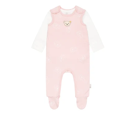 Rosa Baby-Strampler mit Elefantenmuster und langen Ärmeln.