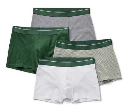 Vier Slipboxer in Grau, Grün, gestreift und Weiss.