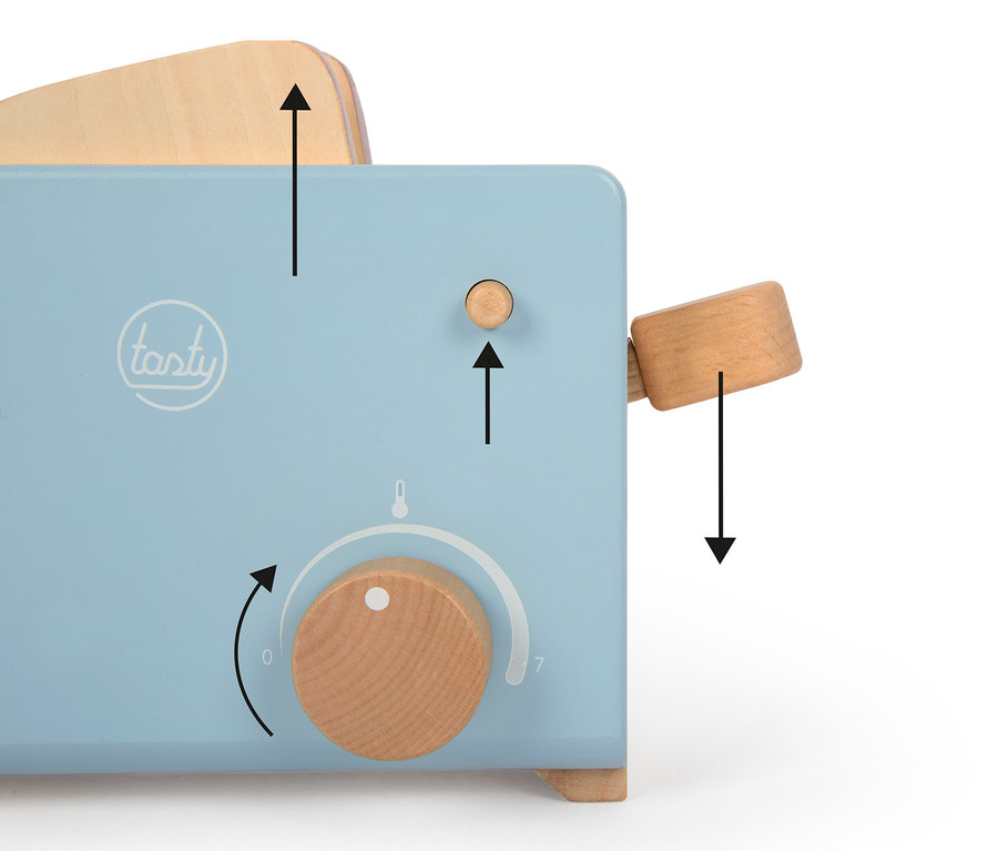 Detailansicht des blauen small foot Toaster-Sets »tasty« mit hölzernen Bedienelementen und schwarzen Pfeilen.