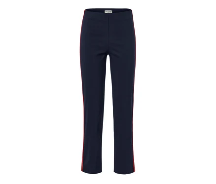 Dunkelblaue Stretchhose mit roten Galonstreifen an den Seiten.