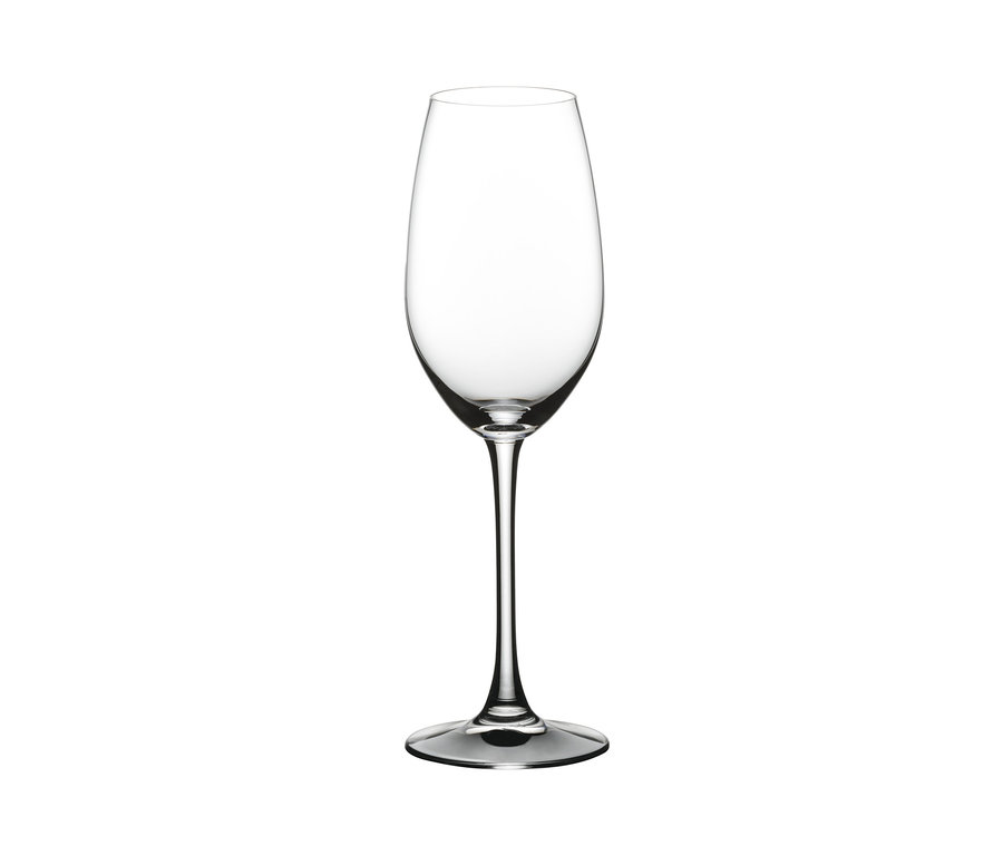 Ein einzelnes, klares Champagnerglas »Nachtmann ViVino« mit langem Stiel vor einem weißen Hintergrund.