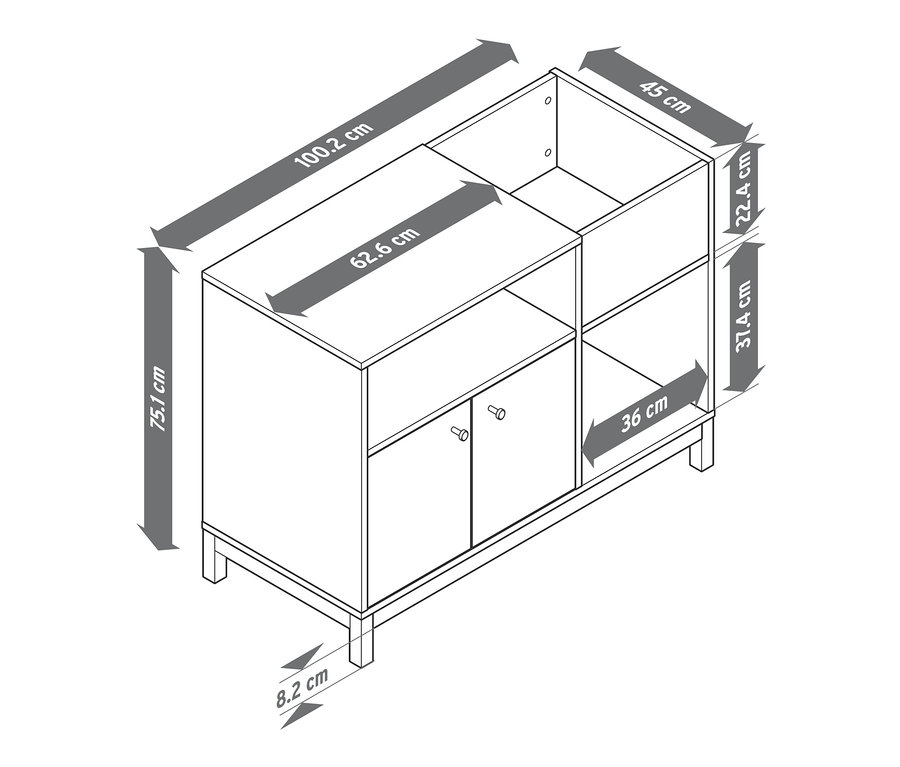 Das Diagramm eines Möbelstücks zeigt die Abmessungen des Schranks: 100,2 cm x 75,1 cm x 45 cm.