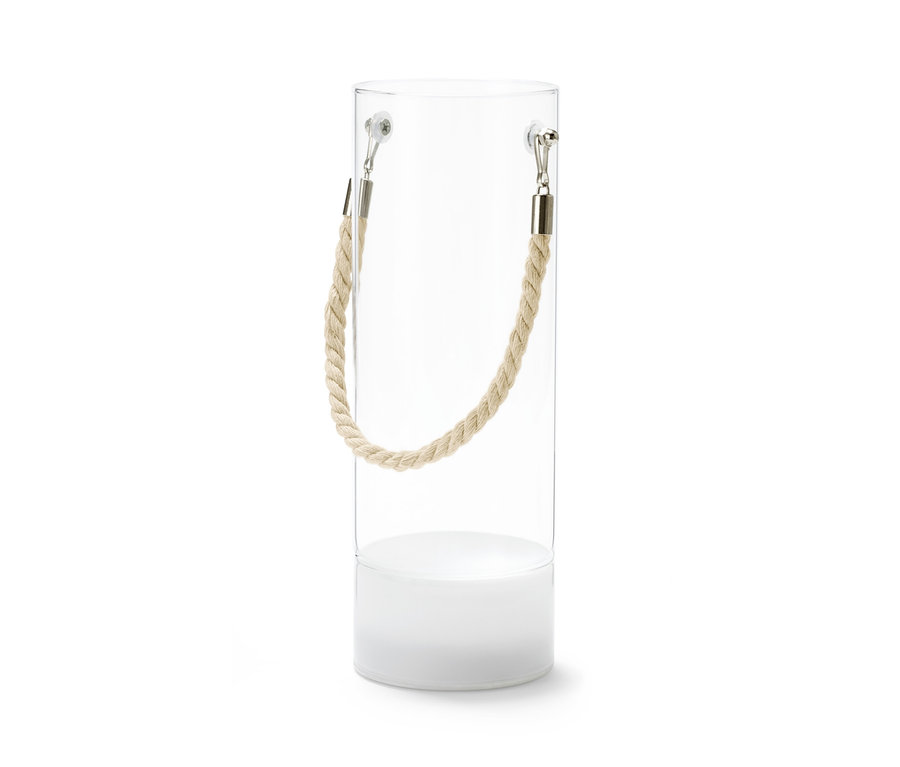Eine transparente LED-Vase mit Juteseil als Griff.