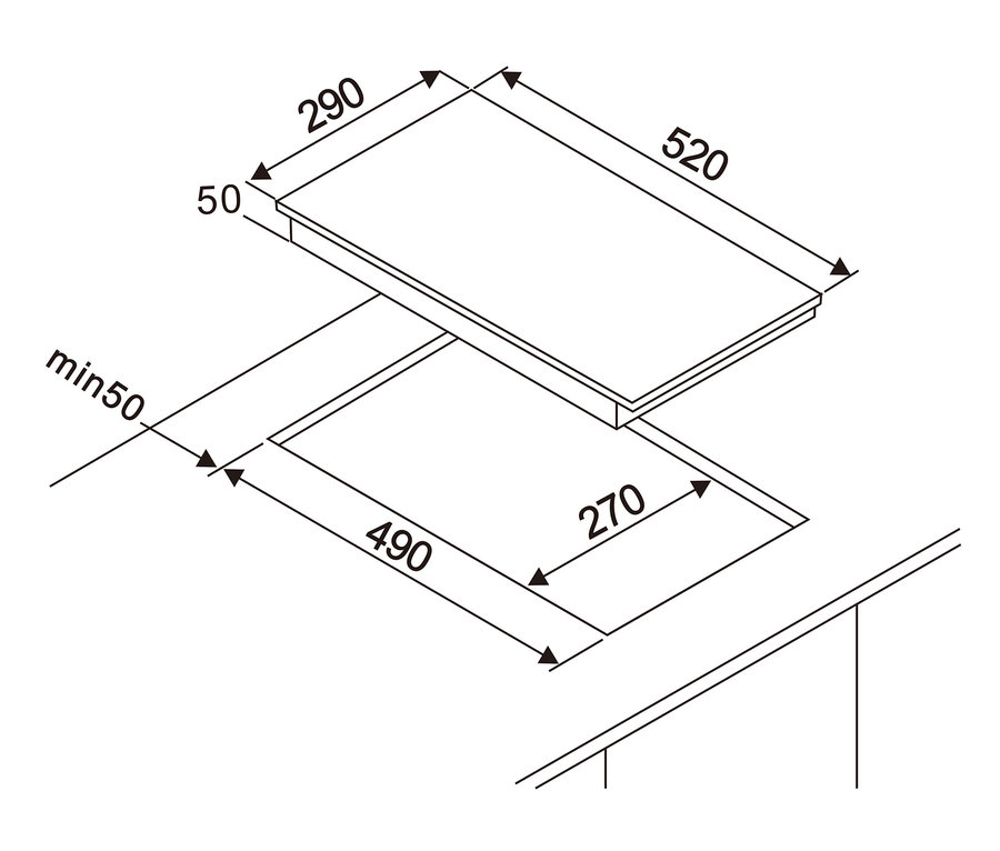 Diagramm der Abmessungen des Respekta rahmenloses-Domino-Glaskeramikkochfeld »KM9130T-28«.