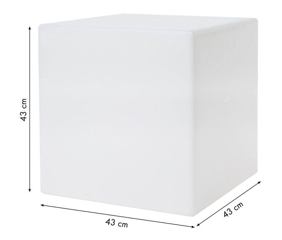 Abmessungen des weißen Solar-Würfels sind 43 cm.